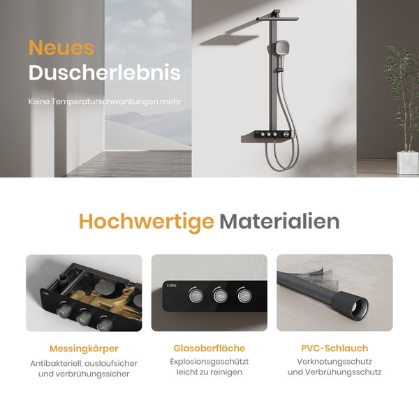 EMKE Duschsystem Thermostatmischer, Dreifunktionsbrause Gewehrgrau, 360×485×1120 mm