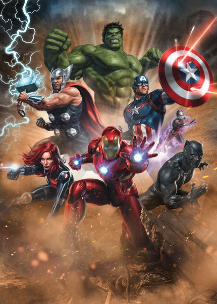 Illustration der Avengers-Superhelden, darunter Hulk, Thor, Captain America, Iron Man, Black Widow, Ant-Man und Black Panther