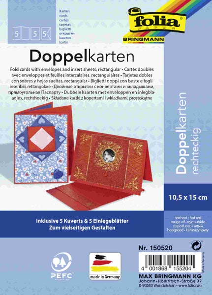 Folia Klappkarten/Doppelkarten für Einladungen, Glückwunsch- oder Grußkarten, 10,5x15cm, rot, 5 Karten + Kuverts + Einlagen