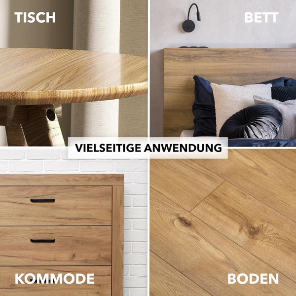 Collage verschiedener Möbelstücke: Tisch, Bett, Kommode und Bodenbelag