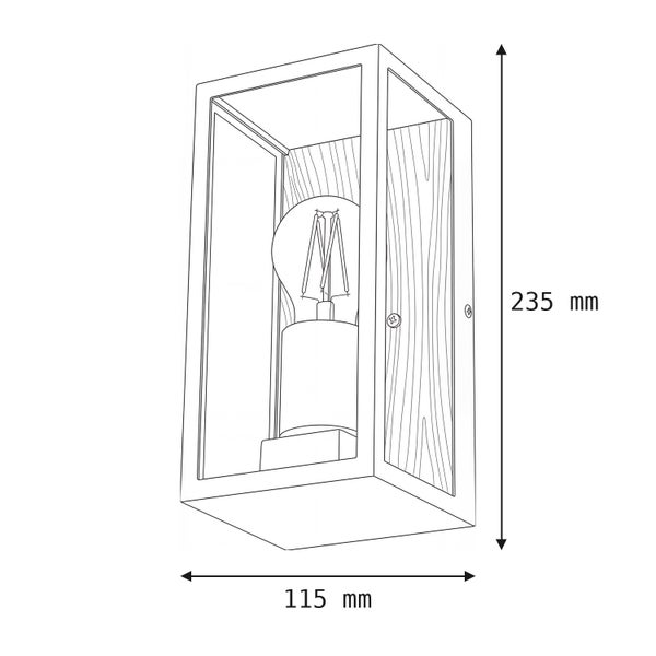 Technische Zeichnung einer rechteckigen Wandleuchte mit Holzoptik-Rückwand und Filament-Leuchtmittel, Höhe 235 Millimeter, Breite 115 Millimeter.