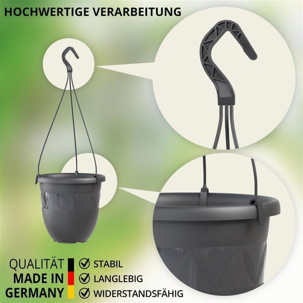 Hängeampel mit Aufhängung aus Kunststoff mit Detailansichten zur stabilen Verarbeitung und Herkunft in Deutschland.