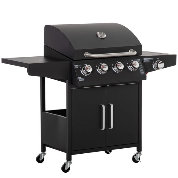 Outsunny Gasgrill, mobiler Grillwagen, BBQ mit 3 Brennern je 3 kw, 132,4 x 55 x 109cm, Stahl, Schwarz