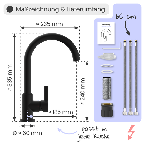 Maßzeichnung einer schwarzen Küchenarmatur mit Abmessungen und Lieferumfang, inklusive drei 60 Zentimeter langer Schläuche und Zubehör.