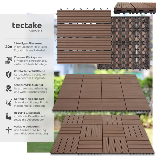 Terrassenfliesen tectake Tegulas 31 x 31 x 2,2 cm 22er Set im Klicksystem braun