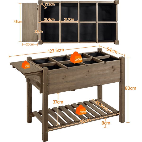 Abmessungen eines Hochbeets aus Holz mit Ablagefläche und unterem Regal