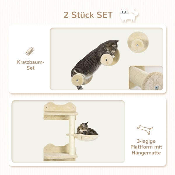 PawHut Katzen Kletterwand, 4-teilig, Katzenkletterwand, inkl. 1 x Sprungturm, 3 x Kratzbäume, Kletterwand Set, Kratzbaum mit Hängematte, Wandliege Katzen, Katzentreppe, Sisal, Beige+Cremeweiß