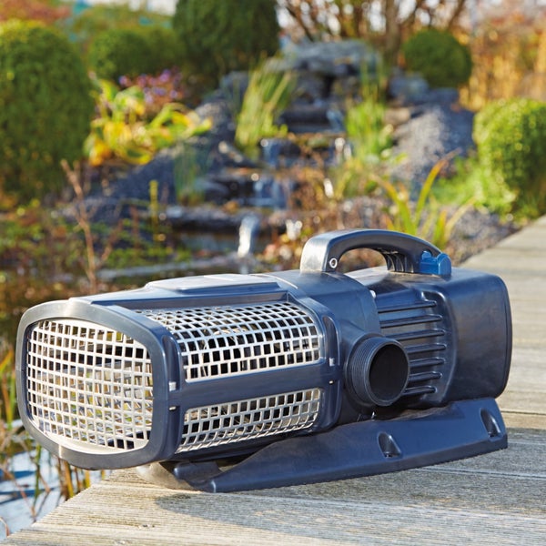 Teichpumpe aus Kunststoff mit großem Filterkorb und Tragegriff auf einem Holzsteg an einem Gartenteich.