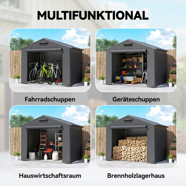Graues Lagerzelt im Garten mit aufgerolltem Eingang, befüllt mit Fahrrad, Brennholz und Gartenwerkzeugen.