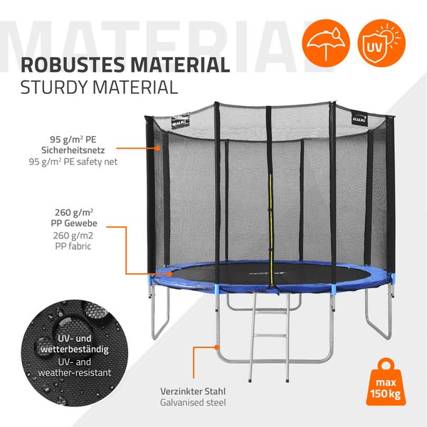 Hauki Trampolin Outdoor, Ø366 cm, Blau, GS geprüft, Rundes Gartentrampolin für Kinder bis 150 kg, Komplettset mit Sicherheitsnetz, Leiter, Randabdeckung, Gepolsterte Stangen, Stabile Kindertrampolin