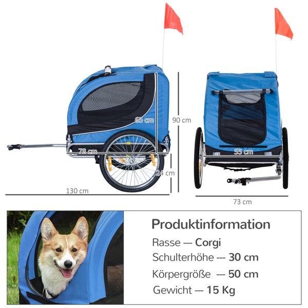PawHut Fahrradanhänger, L130 x B73 x H90 cm, 600D Oxford, Stahlrohr, Blau+Schwarz