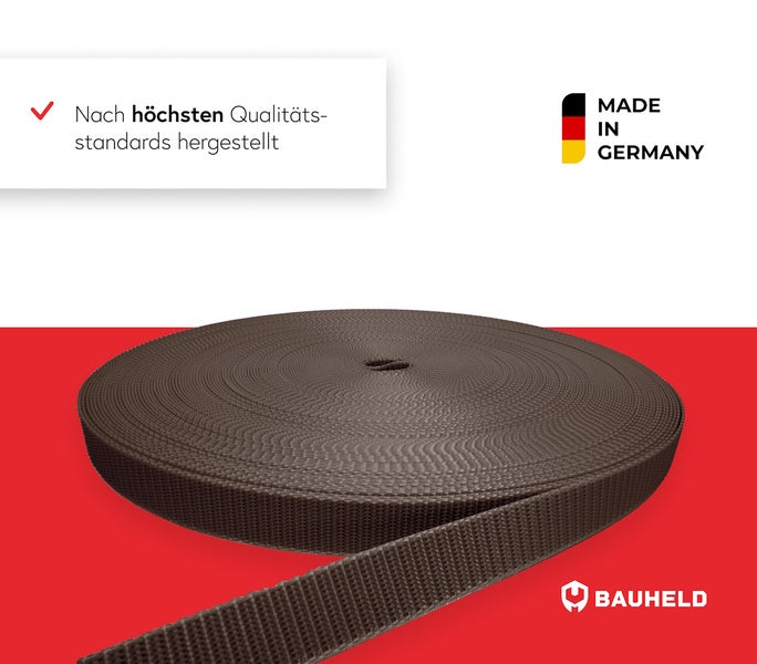 Braunes Gurtband auf Rolle, hergestellt nach höchsten Qualitätsstandards, Made in Germany Siegel, Bauheld Logo