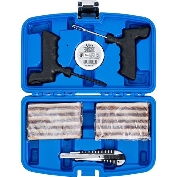 Reifenreparaturset im blauen Koffer mit Werkzeugen, Reifenstopfen und Montagepaste