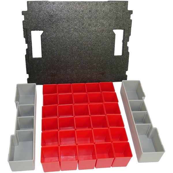 Organizerset mit roten und grauen Einsatzboxen aus Kunststoff und einer schwarzen Schaumstoffeinlage für Werkzeugkoffer.