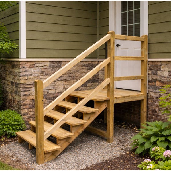 Holztreppe mit Geländer vor einer Haustür
