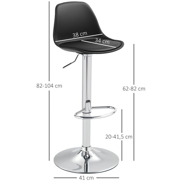 HOMCOM Barhocker 2er Set, Gepolstert Barstuhl mit Stahlgestell, Lehne, Höhenverstellbar Küchenstühle mit Fußstütze 360° Drehbar Tresenhocker für Küche, Wohnzimmer, Esszimmer, Kunstleder Schwarz