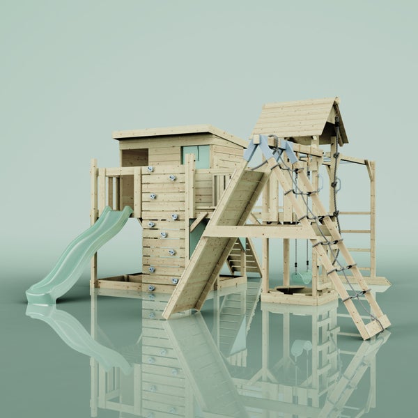 Spielanlage aus Holz mit Rutsche, Kletterwand und Schaukel