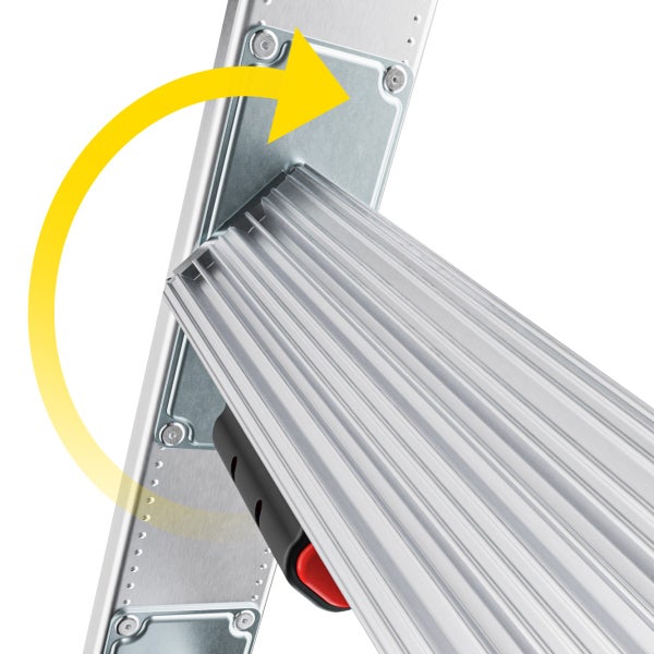 Detailansicht einer Leiter mit Drehfunktion, die durch einen gelben Pfeil dargestellt wird.