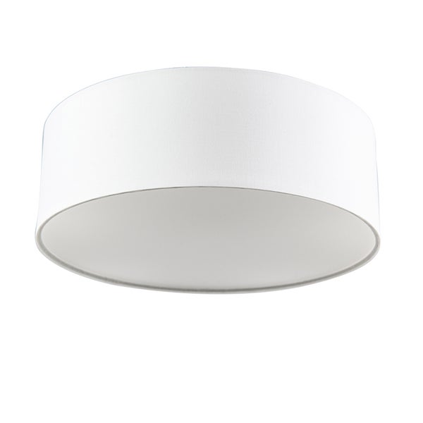 Runde Deckenleuchte mit weißem Textilschirm aus Stoff.