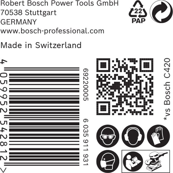 Papierverpackungssymbol, Barcode, QR-Code, Schutzbrillensymbol, Gehörschutzsymbol, Handschuhsymbol, Atemschutzsymbol, Anweisungssymbol, Schleifersymbol
