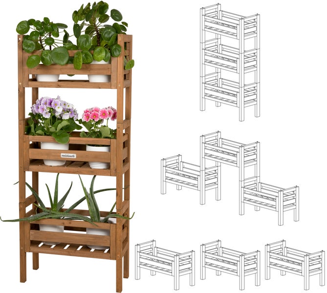 needs&wants® 3-fach multifunktional: Pflanzenständer Blumenständer aus Holz wetterfest für Indoor Outdoor Balkon Garten draußen innen Wand, Pflanzenregal Blumentreppe, z.B. 51 x 23 x 122 cm hoch, braun