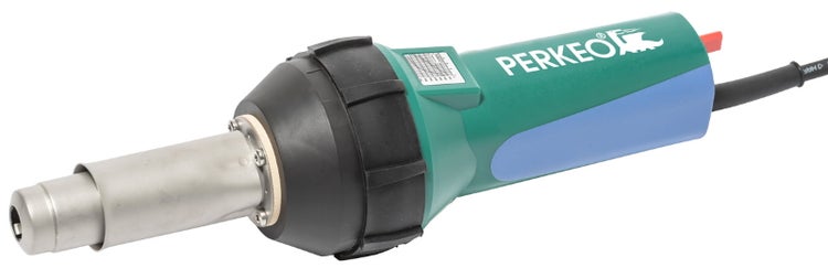 PERKEO Heißluftgebläse mit Metalldüse und grün-blauem Kunststoffgriff, inklusive Netzkabel.