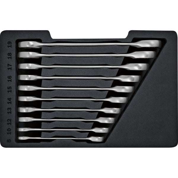 Ringschlüsselsatz im schwarzen Halter mit Größenangaben