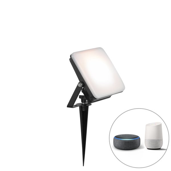 Smarter LED-Außenstrahler mit Erdspieß, kompatibel mit Amazon Alexa und Google Home.