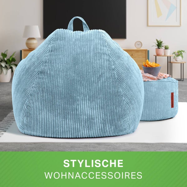 Green Bean 2er Set Indoor XXL Sitzsack + Pouf mit EPS-Perlen Füllung - Fußhocker Fußkissen Hocker Bodenkissen Liegekissen Sitzkissen Lounge Chair - Hellblau