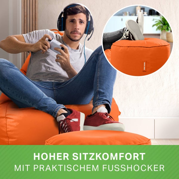 Green Bean 2er Set Sitzsack + Hocker - fertig befüllt - robust waschbar schmutzabweisend - Kinder & Erwachsene Bean Bag Bodenkissen Lounge Sitzhocker Relax-Sessel Gamer Gamingstuhl Pouf - Orange