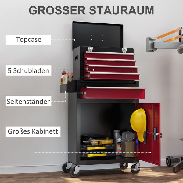 HOMCOM Werkstattwagen mit Rollen, Werkzeugwagen mit 5 Schubladen, abschließbar Montagewagen mit kugelgelagerten Schubladenschienen, Mobiler Rollwagen, Max. Belastung 130kg, Stahl, Schwarz+Rot