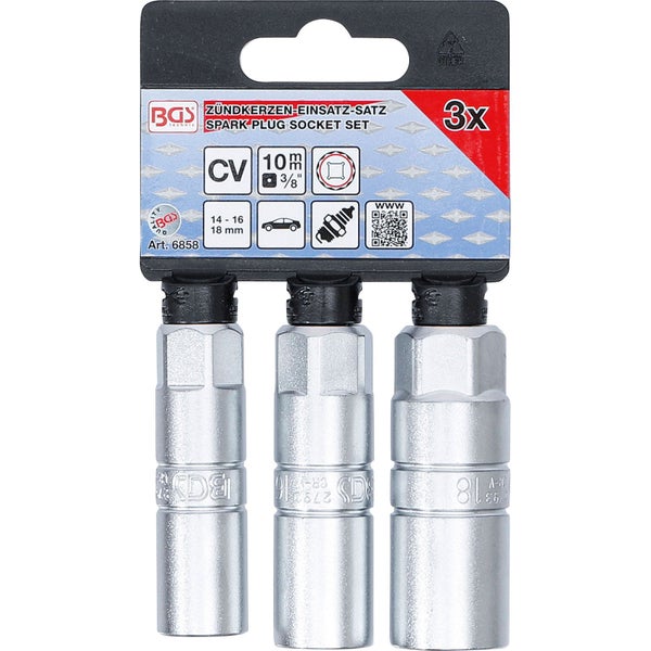 BGS Zündkerzen-Einsatz-Satz Zwölfkant Antrieb Innenvierkant 10 mm (3/8) SW 14 - 16 - 18 mm 3tlg. - 6858