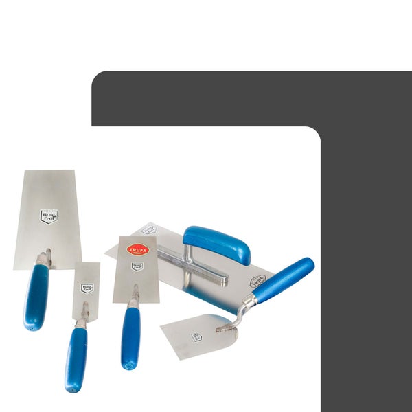 Set aus Maurerkellen und Glättekelle aus Edelstahl mit blauen Griffen.