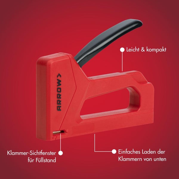 Arrow Handtacker mit Sichtfenster für Klammern und einfachem Laden von unten, leichtes und kompaktes Design.