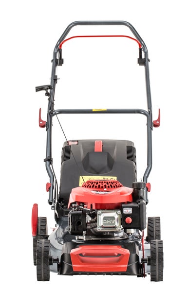 Benzin-Rasenmäher mit OHV-Motor, Frontansicht mit Holm und Bedienelementen.