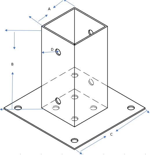 Illustration eines Pfostenträgers mit den Maßen A, B, C und Bohrungen D.