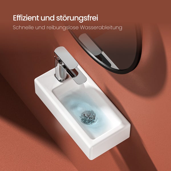 EMKE Waschbecken Keramik 370 × 178 mm, Rechteck, glänzend Weiß, Höhe 95 mm, mit Bohrung links für Wasserhahn, Wandmontage, für Badezimmer und Gäste-WC, Handwaschbecken, Wandwaschbecken
