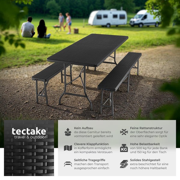 Campingtischgarnitur tectake Vani mit Tragegriffen klappbar schwarz-Rattanoptik