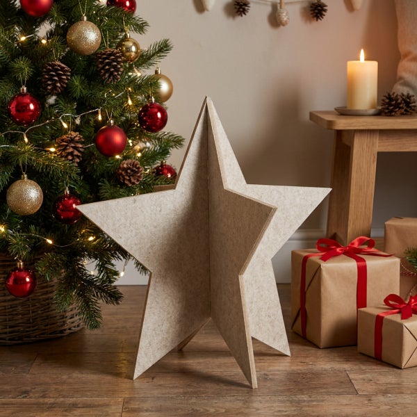 Dekorativer Stern aus Filz als Weihnachtsdekoration, stehend neben einem geschmückten Weihnachtsbaum und Geschenken.
