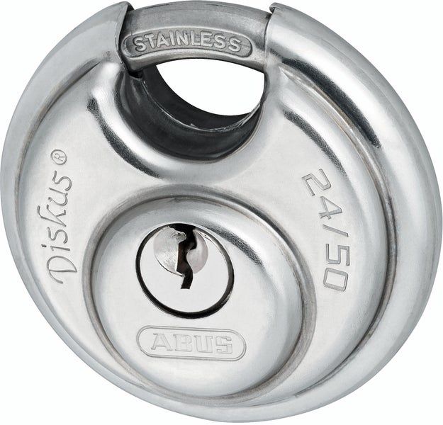 ABUS Diskus 24/50 Vorhängeschloss aus rostfreiem Edelstahl in runder Bauform.