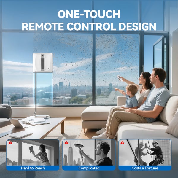 Fensterputzroboter mit Fernbedienung reinigt Fenster in Wohnräumen