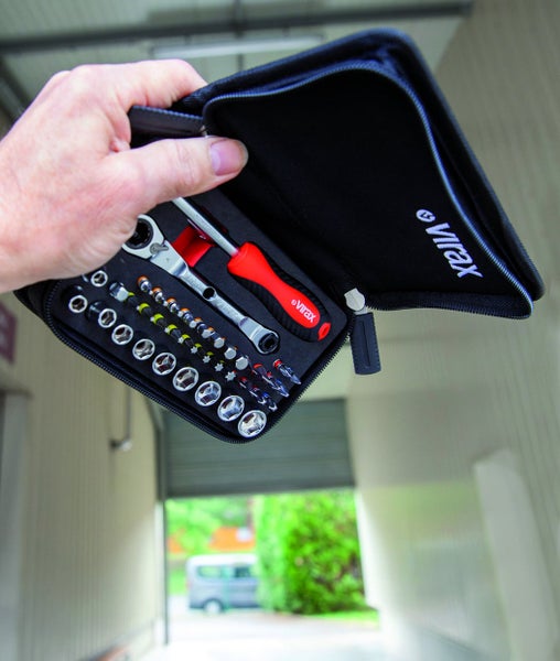 Virax Werkzeugsatz mit Ratsche, Schraubendreher und Bits in einer schwarzen Tasche