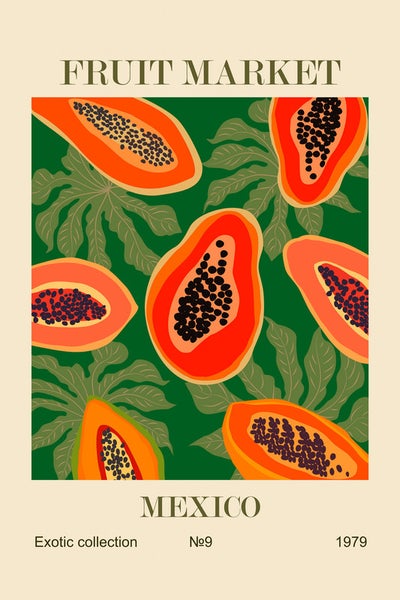 Illustration mit Papayas und Blättern für den Obstmarkt Mexiko