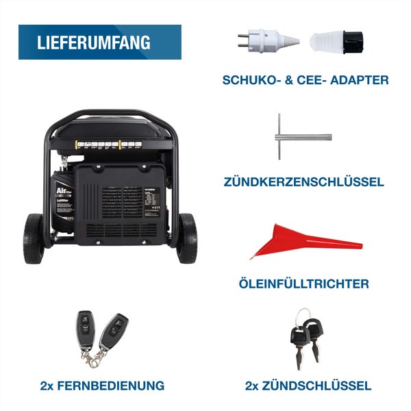 Hyundai Stromerzeuger Lieferumfang: Generator, Schuko- und CEE-Adapter, Zündkerzenschlüssel, Öleinfülltrichter, zwei Fernbedienungen, zwei Schlüssel.