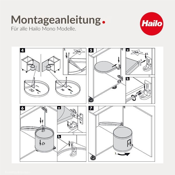 Montageanleitung für Hailo Mono Einbaumülleimer mit bebilderten Schritten zur Installation im Unterschrank und Hailo Logo.