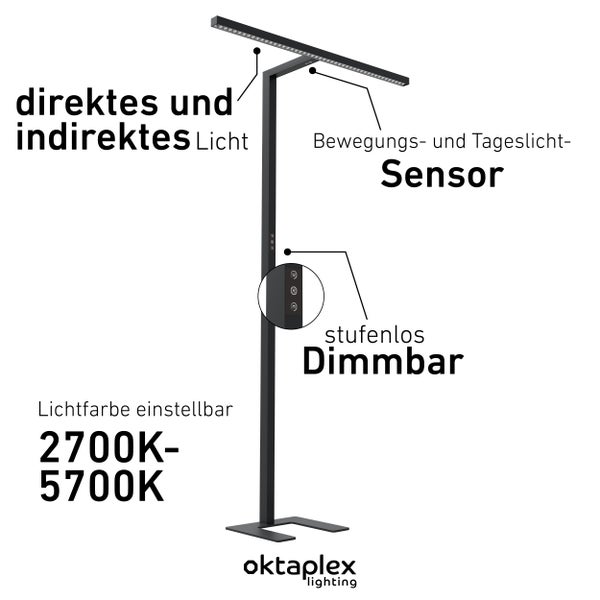 Büro Stehleuchte Lund dimmbar mit Präsenzsensor 10800lm 2700K-5700K Aluminium Monitorlampe schwarz 80W perfekte Arbeitsplatzbeleuchtung