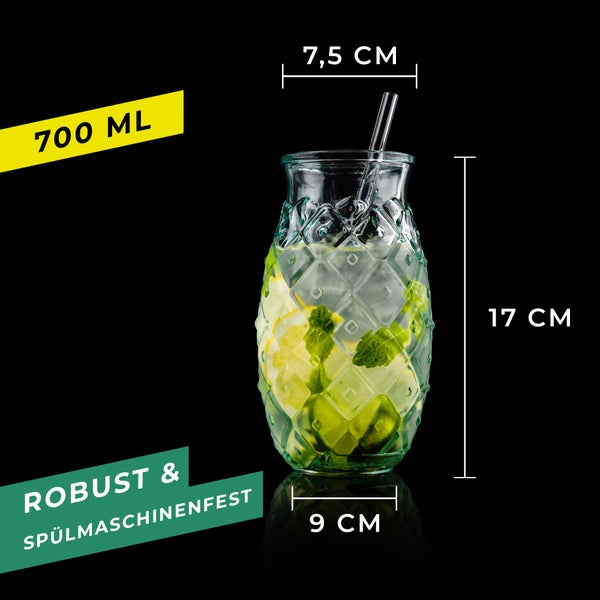 Glas mit Strohhalm, Fassungsvermögen 700 ml, Höhe 17 cm, Durchmesser oben 7,5 cm, Durchmesser unten 9 cm, robust und spülmaschinenfest
