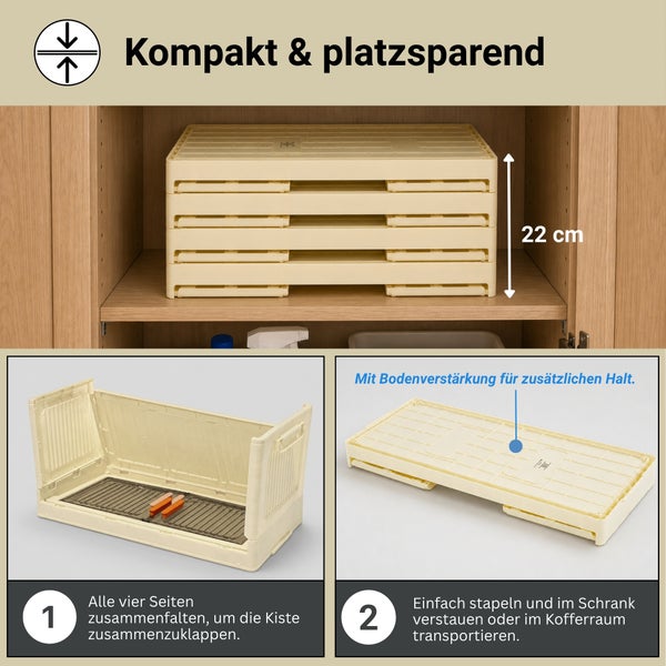Zusammenklappbare, stapelbare Aufbewahrungskiste aus Kunststoff mit Bodenverstärkung, vier gefaltete Kisten sind 22 Zentimeter hoch.