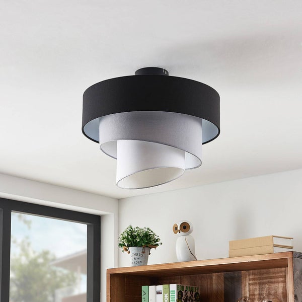 Lindby Stoff Deckenlampe schwarz, grau weiß 3 Textil Schirme rund 1x E27 max. 60W ohne Leuchtmittel Deckenleuchte Schlafzimmerlampe