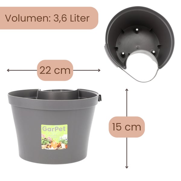 Blumenkübel für Pfosten mit drei Ablauföffnungen im Boden zur Vermeidung von Verschmutzungen am Pfosten.